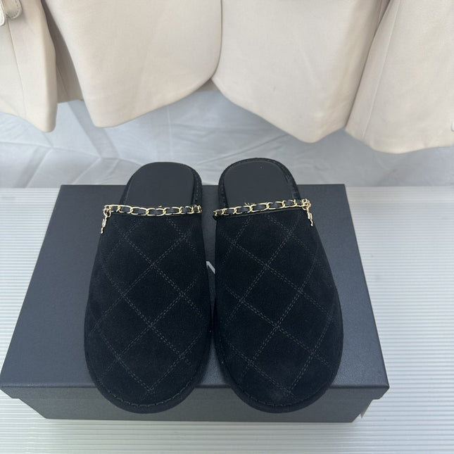 CC Black Suede Gold Chain Mules