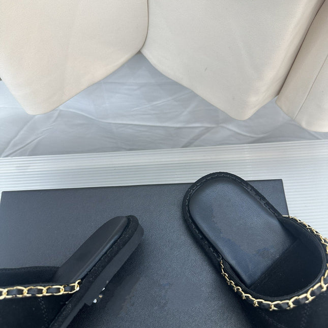CC Black Suede Gold Chain Mules