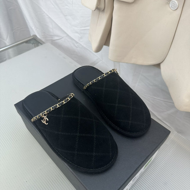 CC Black Suede Gold Chain Mules