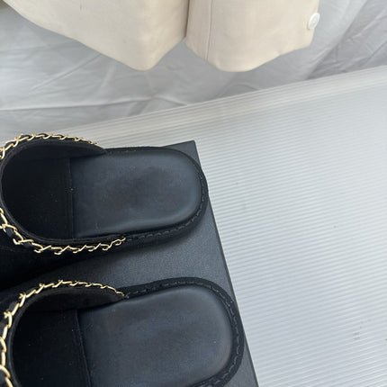 CC Black Suede Gold Chain Mules