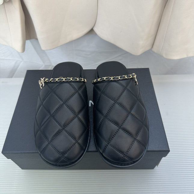 CC Black Lambskin Gold Chain Mules