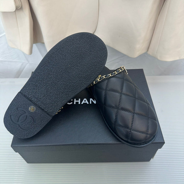 CC Black Lambskin Gold Chain Mules