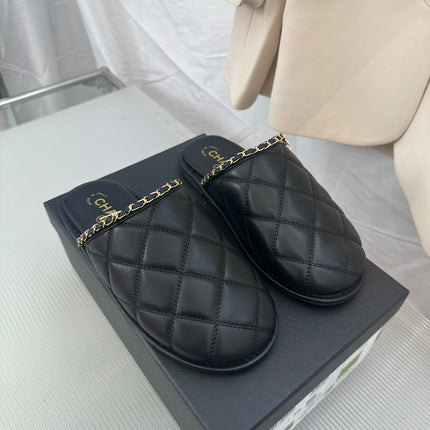 CC Black Lambskin Gold Chain Mules
