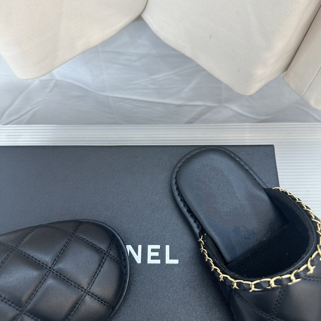 CC Black Lambskin Gold Chain Mules