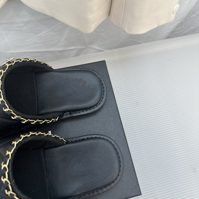 CC Black Lambskin Gold Chain Mules