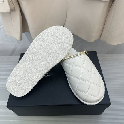 CC White Lambskin Gold Chain Mules