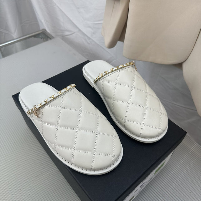 CC White Lambskin Gold Chain Mules