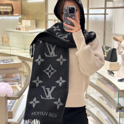 SCARF 196 CM IN BLACK MIX WHITE LAMBSWOOL AND CASHMERE 393081