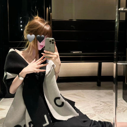 SCARF 200 CM IN BLACK MIX WHITE CASHMERE AND WOOL 401299