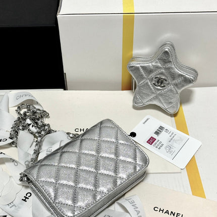 CC MINI 13 FLAP BAG IN SILVER METALLIC LAMBSKIN