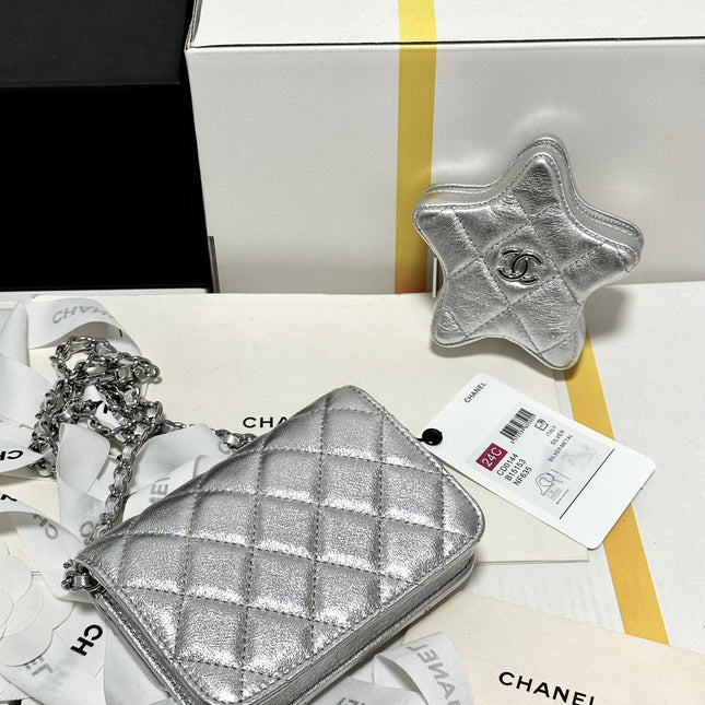 CC MINI 13 FLAP BAG IN SILVER METALLIC LAMBSKIN