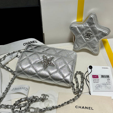 CC MINI 13 FLAP BAG IN SILVER METALLIC LAMBSKIN