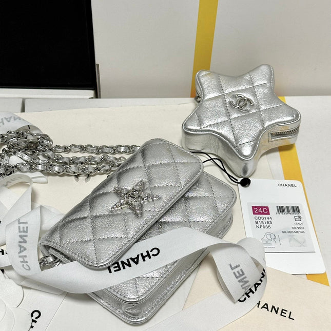 CC MINI 13 FLAP BAG IN SILVER METALLIC LAMBSKIN
