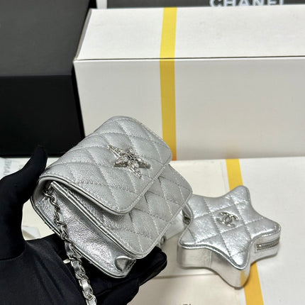 CC MINI 13 FLAP BAG IN SILVER METALLIC LAMBSKIN