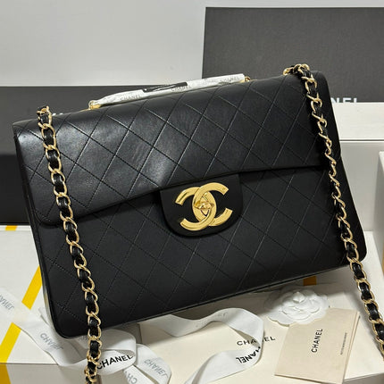 CC MAXI FLAP BAG 34 IN BLACK CALFSKIN