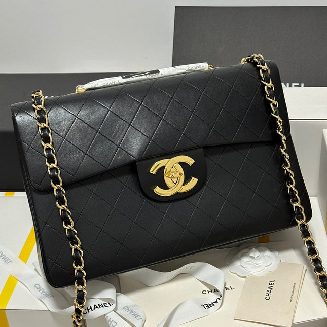 CC MAXI FLAP BAG 34 IN BLACK CALFSKIN