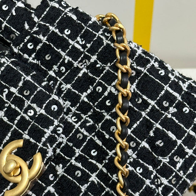 KELLY SHOPPING BAG 19 IN BLACK MIX WHITE TWEED GOLD HARDWARE