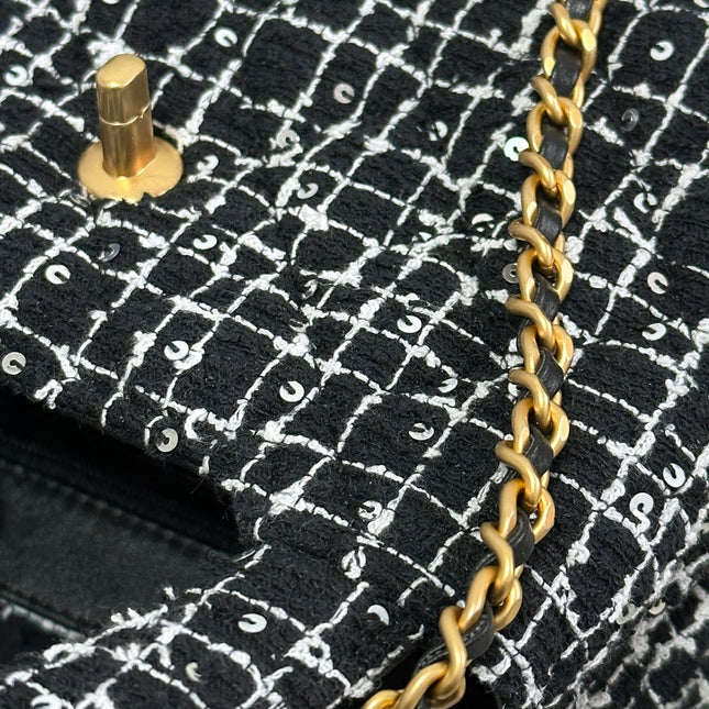 KELLY SHOPPING BAG 19 IN BLACK MIX WHITE TWEED GOLD HARDWARE