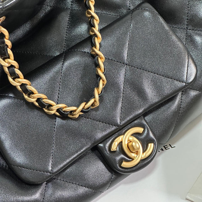 MAXI SHOPPING BAG 36 IN BLACK LAMBSKIN GOLD METALLIC