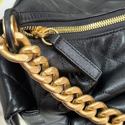 QUILTED HOBO CARGO BAG 31 IN BLACK CALFSKIN GOLD CHAIN