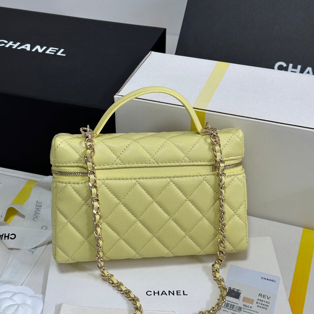 STRASS VANITY QUILTED CASE 19 IN YELLOW CALFSKIN WITH GOLD METALLIC