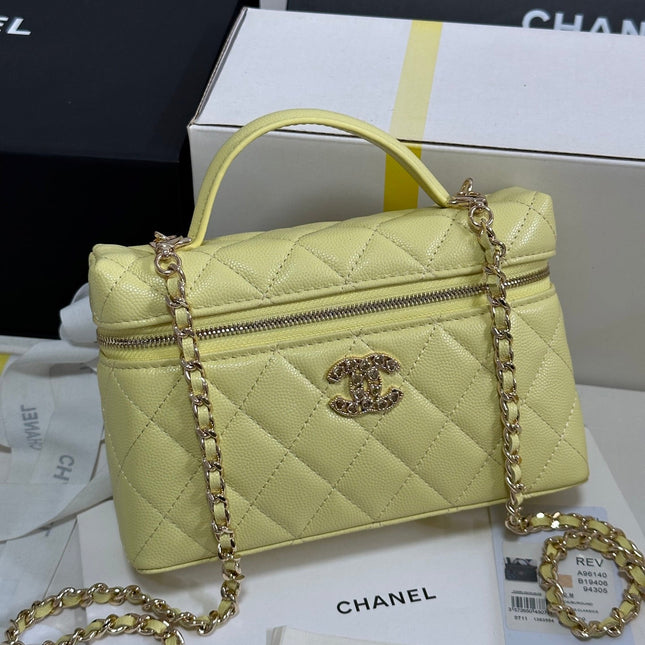 STRASS VANITY QUILTED CASE 19 IN YELLOW CALFSKIN WITH GOLD METALLIC