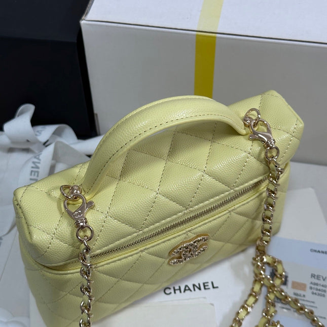 STRASS VANITY QUILTED CASE 19 IN YELLOW CALFSKIN WITH GOLD METALLIC