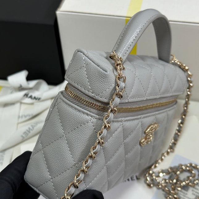 STRASS VANITY QUILTED CASE 19 IN GREY CALFSKIN WITH GOLD METALLIC