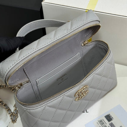 STRASS VANITY QUILTED CASE 19 IN GREY CALFSKIN WITH GOLD METALLIC