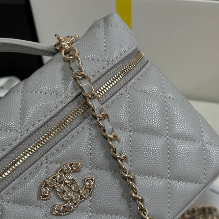 STRASS VANITY QUILTED CASE 19 IN GREY CALFSKIN WITH GOLD METALLIC