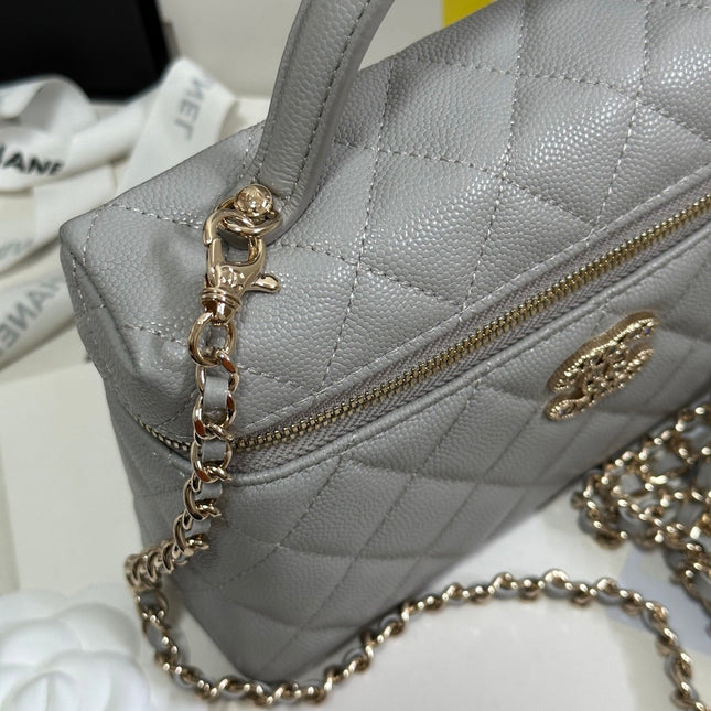 STRASS VANITY QUILTED CASE 19 IN GREY CALFSKIN WITH GOLD METALLIC