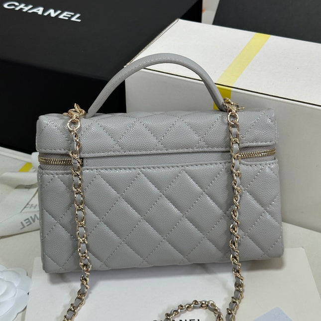 STRASS VANITY QUILTED CASE 19 IN GREY CALFSKIN WITH GOLD METALLIC
