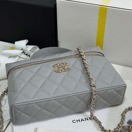 STRASS VANITY QUILTED CASE 19 IN GREY CALFSKIN WITH GOLD METALLIC