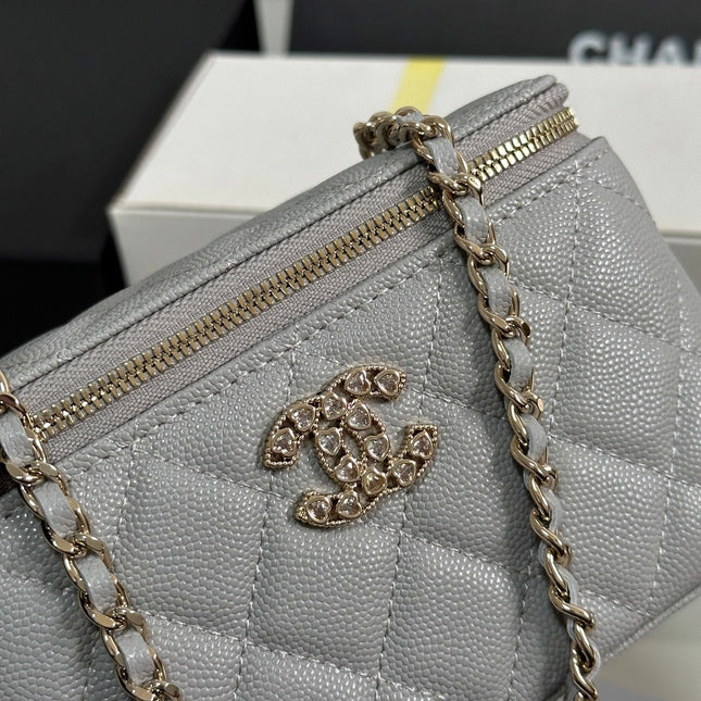 VANITY CASE 17 CRYSTAL STUDDED LOGO IN GREY CALFSKIN GOLD HARDWARE