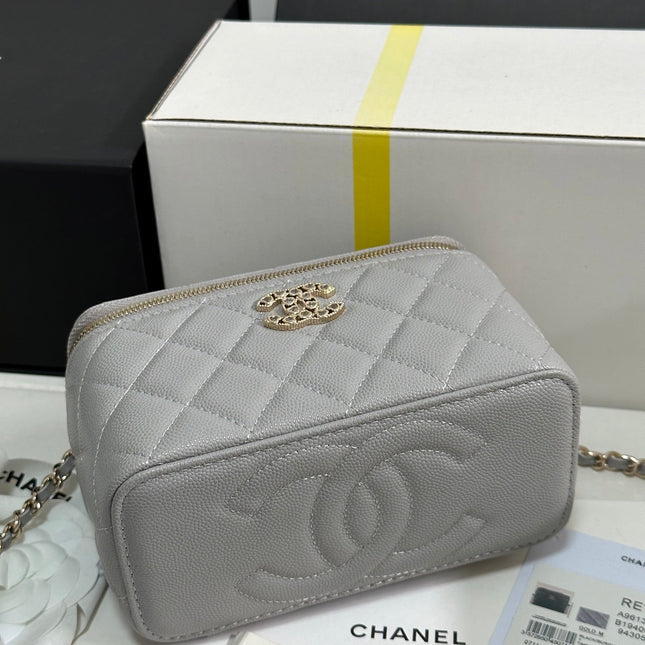 VANITY CASE 17 CRYSTAL STUDDED LOGO IN GREY CALFSKIN GOLD HARDWARE