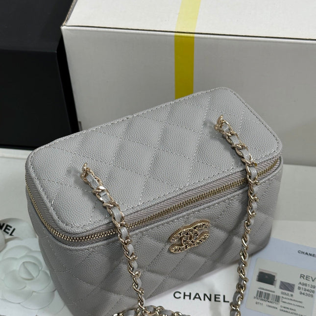 VANITY CASE 17 CRYSTAL STUDDED LOGO IN GREY CALFSKIN GOLD HARDWARE