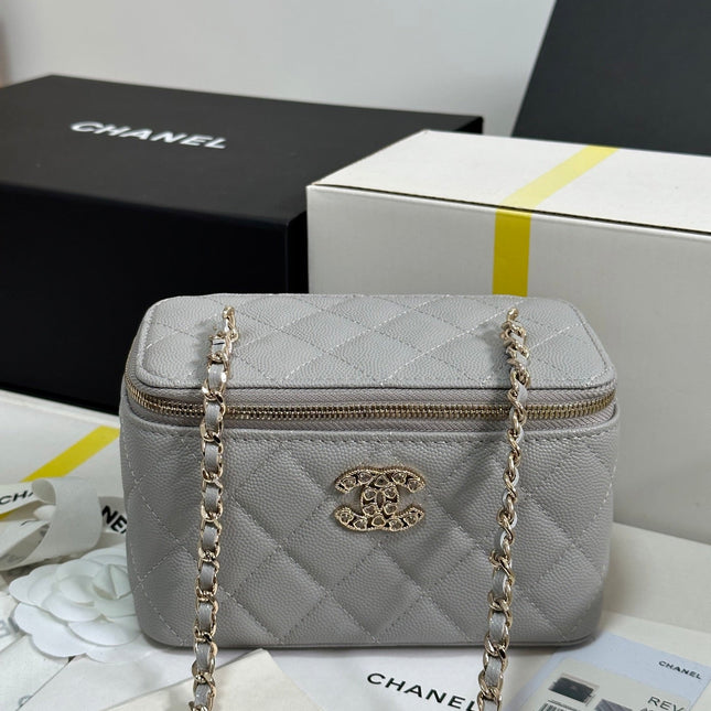 VANITY CASE 17 CRYSTAL STUDDED LOGO IN GREY CALFSKIN GOLD HARDWARE