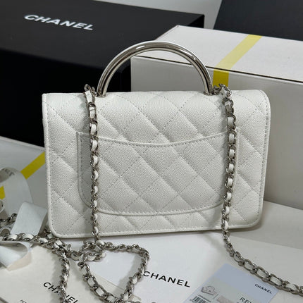 FLAP BAG WITH SILVER-TONE HANDLE 19 IN WHITE CAVIAR SKIN