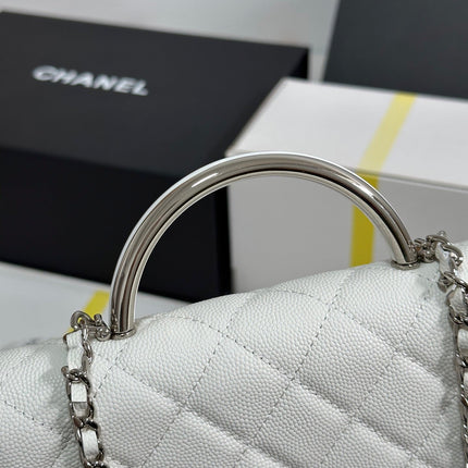 FLAP BAG WITH SILVER-TONE HANDLE 19 IN WHITE CAVIAR SKIN