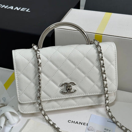 FLAP BAG WITH SILVER-TONE HANDLE 19 IN WHITE CAVIAR SKIN