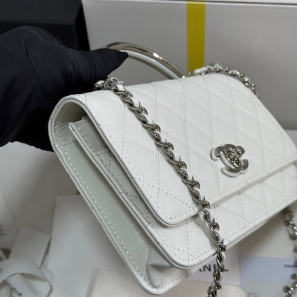 FLAP BAG WITH SILVER-TONE HANDLE 19 IN WHITE CAVIAR SKIN