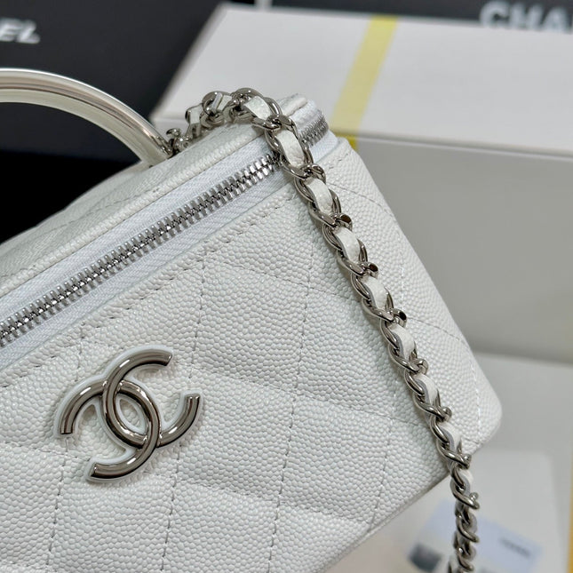 MINI VANITY TOP HANDLE CASE 17 IN WHITE CAVIAR SKIN SILVER-TONE PLATED METAL