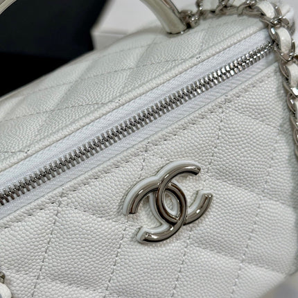 MINI VANITY TOP HANDLE CASE 17 IN WHITE CAVIAR SKIN SILVER-TONE PLATED METAL