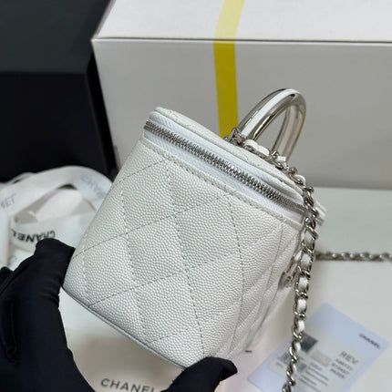 MINI VANITY TOP HANDLE CASE 17 IN WHITE CAVIAR SKIN SILVER-TONE PLATED METAL