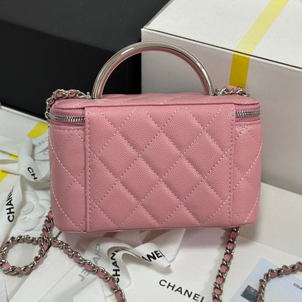 MINI VANITY TOP HANDLE CASE 17 IN PINK CAVIAR SKIN SILVER-TONE PLATED METAL