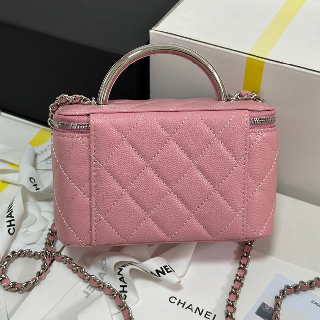 MINI VANITY TOP HANDLE CASE 17 IN PINK CAVIAR SKIN SILVER-TONE PLATED METAL