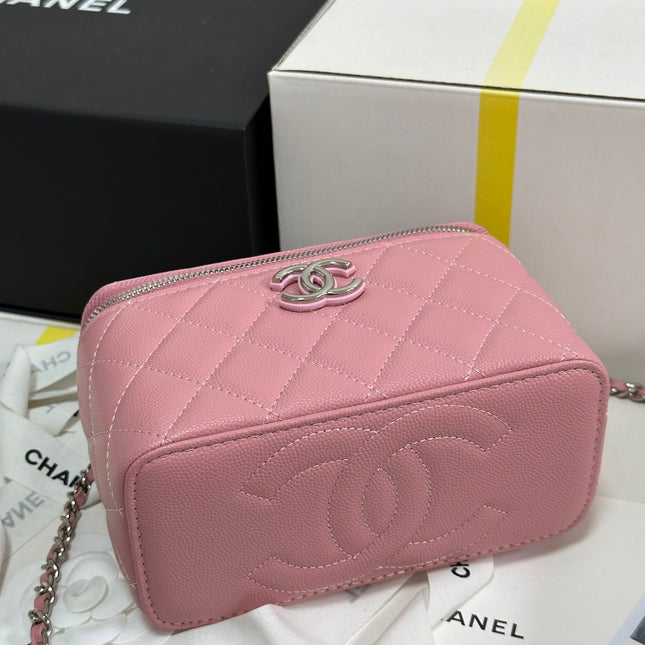 MINI VANITY TOP HANDLE CASE 17 IN PINK CAVIAR SKIN SILVER-TONE PLATED METAL