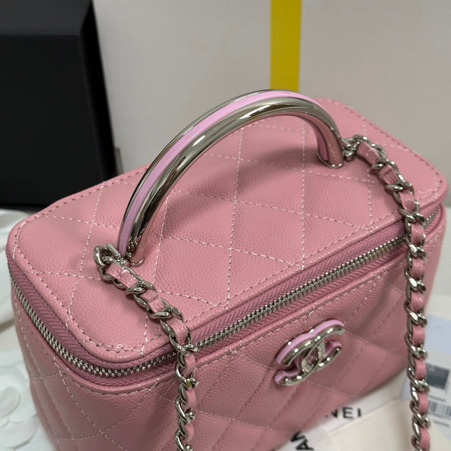 MINI VANITY TOP HANDLE CASE 17 IN PINK CAVIAR SKIN SILVER-TONE PLATED METAL