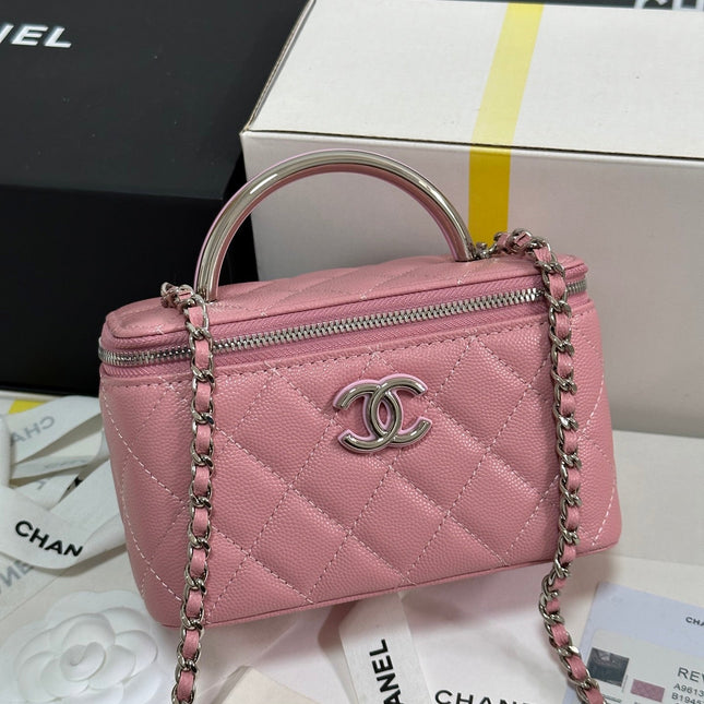 MINI VANITY TOP HANDLE CASE 17 IN PINK CAVIAR SKIN SILVER-TONE PLATED METAL