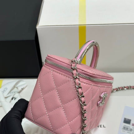 MINI VANITY TOP HANDLE CASE 17 IN PINK CAVIAR SKIN SILVER-TONE PLATED METAL